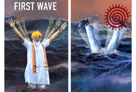A caricature of the prime minister of India during the first and second waves of COVID-19. Image by Orijit Sen, 2021, reproduced with permission.