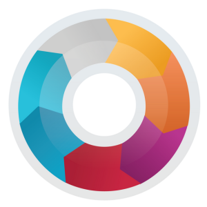 A circle split into seven colours: yellow, orange, purple, red, dark blue, light blue and grey.